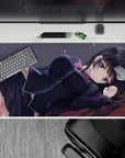 40x20 inches anime desk pad in deep charcoal and cool purples with confetti dots, soft shy vibe.