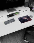 Schoolgirl daydream anime girl mouse pad 14x10 inches, violet-eyed girl resting on desk in uniform.