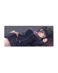 Anime girl mouse pad 28x12 inches with long black hair, violet eyes, and sleek school uniform design.