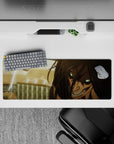 Powerful 32x12 mouse pad with Eren Yeager's Attack Titan, glowing green eyes, and crackling lightning for a fierce and unstoppable desk atmosphere