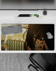 Dynamic scene 32x16 mouse pad featuring Eren Yeager's Attack Titan, with crackling lightning, glowing eyes, and a determined smirk for a high-energy workspace