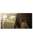 Eren Yeager's Attack Titan 32x16 mouse pad with glowing green eyes, crackling lightning, and a determined smirk, perfect for an intense, action-packed desk design