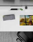 Cozy adventure anime mouse pad 14x10 inches in warm golds, leafy greens, and misty sky tones.