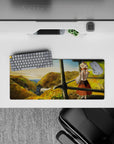 Cozy adventure anime desk mat 28x12 inches in warm golds, leafy greens, and soft sky gradients.