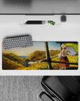32x12 inches anime desk mouse pad in warm golds and leafy greens, cozy adventure mood with soft sky gradient.