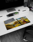 28x12 inches anime mouse pad showing a shy fox-eared girl in scarf by rustic rails overlooking fog.