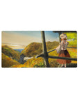 Anime girl mouse pad 32x16 inches with fox-eared traveler on autumn hills, misty valley backdrop.