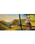 36x16 inches anime girl desk pad with fox-eared girl in misty valley, autumn hills, rustic rail texture.