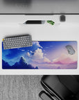 Tranquil 32x12 mouse pad featuring a peaceful morning sky with soft pastels and deep blues for focused reflection and creativity