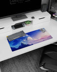 Peaceful 28x12 mouse pad featuring a serene morning sky in soft pastels and deep blues for a calming desk experience