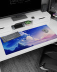 Peaceful 36x16 anime desk mat with a tranquil morning sky and serene pastel hues, perfect for a calming workspace environment