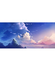 Serene morning sky 36x16 desk pad with soft pastel colors and deep blues, creating a peaceful and inspiring workspace atmosphere