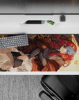 Warm brown and cream anime desk pad 36x16 inches with sunset gold accents, calm winter vibe.