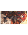 Anime girl mouse pad 32x16 inches with red-haired reader, ribbons, and bright blue eyes, cozy artwork.
