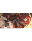 Anime girl desk pad 36x16 inches with red-haired reader, ribbons, blue eyes, cozy bookish artwork.