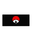 Anime mouse pad 28x12 inches featuring Itachi Uchiha from Naruto against a red Uchiha crest with birds flying.