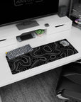 Artistic 32x12 inches mouse pad featuring black and white topographic design, blending bold lines and dotted patterns for a structured, graphic style.