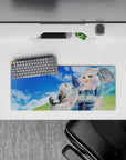 28x12 inches pastel fantasy mouse pad in sky blue and soft greens, cozy adventure vibe and breezy hair.