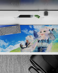 Pastel cozy adventure anime desk pad 36x16 inches, bright blue sky and soft green hills vibe.