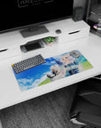 28x12 inches anime desk mouse pad featuring a white-haired duo, one with animal ears, in a windy hillside scene.