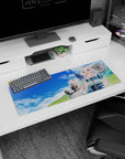 32x12 inches anime girl mouse pad featuring two dreamy white-haired girls, one with animal ears, in a fantasy field.