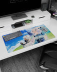 Two white-haired anime girls, one with animal ears, on a 32x16 inches mouse pad in a rolling hill scene.