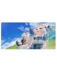 Cozy fantasy anime girl mouse pad, 32x16 inches, sky-blue backdrop and green hills with two white-haired girls.