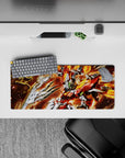 28x12 inches anime mouse pad in hot reds and molten oranges with sharp silver armor, chaos energy vibe.