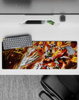 32x12 inches anime mouse pad in hot reds and molten oranges with sharp silver armor and chaos vibes.