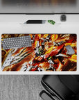 32x16 inches anime mouse pad in hot reds, molten oranges, sharp silvers, and vivid green eyes, chaos vibe.
