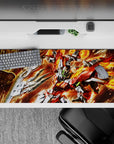 36x16 inches anime mouse pad in hot reds and molten oranges with sharp silvers and neon green eye glow.
