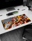 32x16 inches Gundam Build Fighters mouse pad showing Build Burning Gundam punching through a spark storm.
