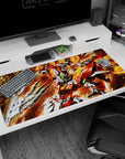 40x20 inches Gundam Build Fighters desk pad showing Build Burning Gundam punching through sparks and heat.