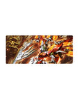 28x12 inches anime mouse pad with mecha battle art, sparks, smoke swirls, and green glowing eyes.