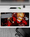32x16 inches neon red and black anime desk mat with gritty shadows, splatter accents, high-energy vibe.