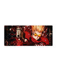 28x12 inches anime mouse pad with blond gunslinger in red coat, chain-link backdrop and clockwork grunge.