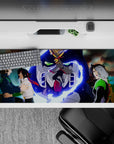 36x16 inches anime desk pad with neon-blue energy, deep navy, sharp whites, and hot red accents.