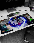 Suzaku Kururugi vs Lelouch Lamperouge 40x20 inches desk pad, neon mecha clash scene.