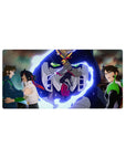 32x16 inches anime mouse pad with mecha battle scene, Suzaku vs Lelouch, neon-blue energy accents.