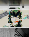 40x20 inches anime girl desk pad in beige with teal and coral brushstrokes, bold red lip line, moody vibe.