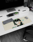 Closed-eye anime girl with black bangs and red lip slash on a 32x12 inches extended mouse pad.