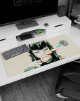 36x16 inches anime girl desk pad showing black bangs, calm smirk, and a playful red slash across lips.