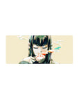 Anime girl mouse pad 28x12 inches with closed-eye smirk, ink splashes, and clean beige background.