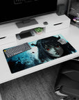 Modern 32x16 inches mouse pad featuring Liebe design, with glowing red eyes and icy mist to bring elegance and raw power to your workspace.