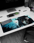 Artistic 36x16 inches mouse pad featuring Liebe design, with red glowing eyes and icy mist for an elegant and powerful anime look.