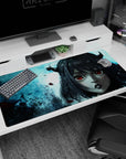 Large 40x20 inches mouse pad featuring Liebe design, with red glowing eyes and icy mist for a striking, powerful anime-inspired workspace.