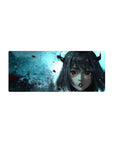 Mouse pad featuring Liebe design, 28x12 inches, with glowing red eyes and icy mist swirling around him for a stunning, anime-inspired effect.