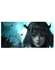 Mouse pad featuring Liebe design, 32x16 inches, with glowing red eyes and icy mist swirling around him for a raw and elegant aesthetic.
