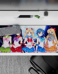 Starry moonlit anime girl desk pad 36x16 inches in emerald, crimson, blue, and orange.
