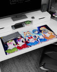 Sailor Moon with twin buns holding a wand, four guardians behind, anime desk pad 36x16 inches.